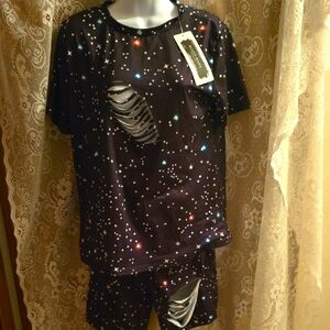New Blush Mark Women's Size L Black White Blue Star Galaxy Distressed Shortie PJ